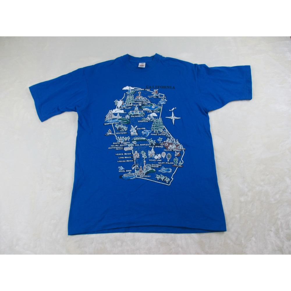 VINTAGE Fruit Of The Loom Shirt Mens Large Blue‎ California Single Stitch USA*